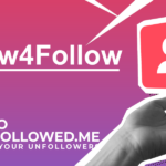 Illustration promoting the Follow4Follow strategy on Instagram with a hand holding a follower icon, alongside the Who Unfollowed Me app logo.