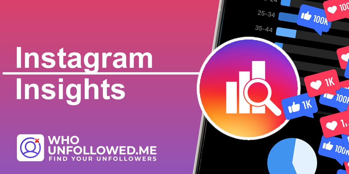 Graphic depicting Instagram Insights with analytical icons and engagement metrics, featuring the Who Unfollowed Me app logo.