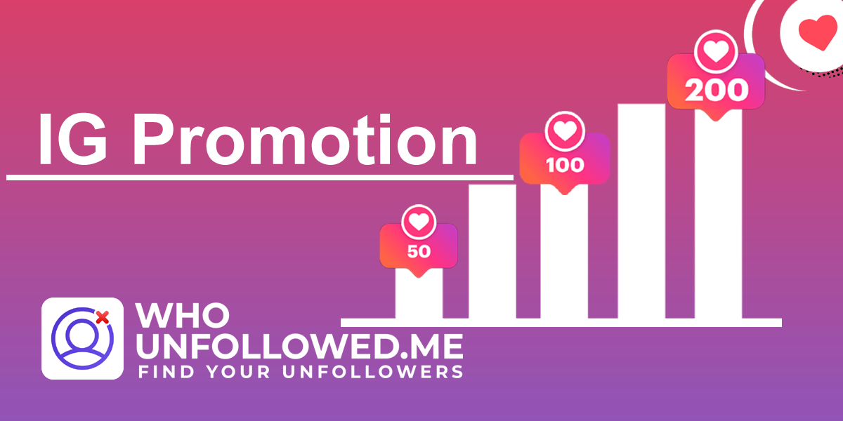 Illustration showing the concept of Instagram promotion with increasing engagement metrics, accompanied by the Who Unfollowed Me app logo.